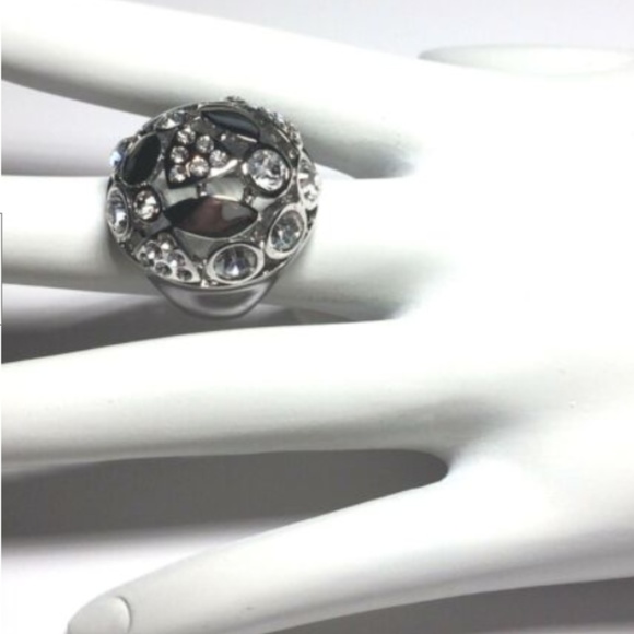 Silver Art Deco Dome Cocktail Ring Size 6 7 8 Rhodium Plated Statement Crystal - Picture 6 of 8